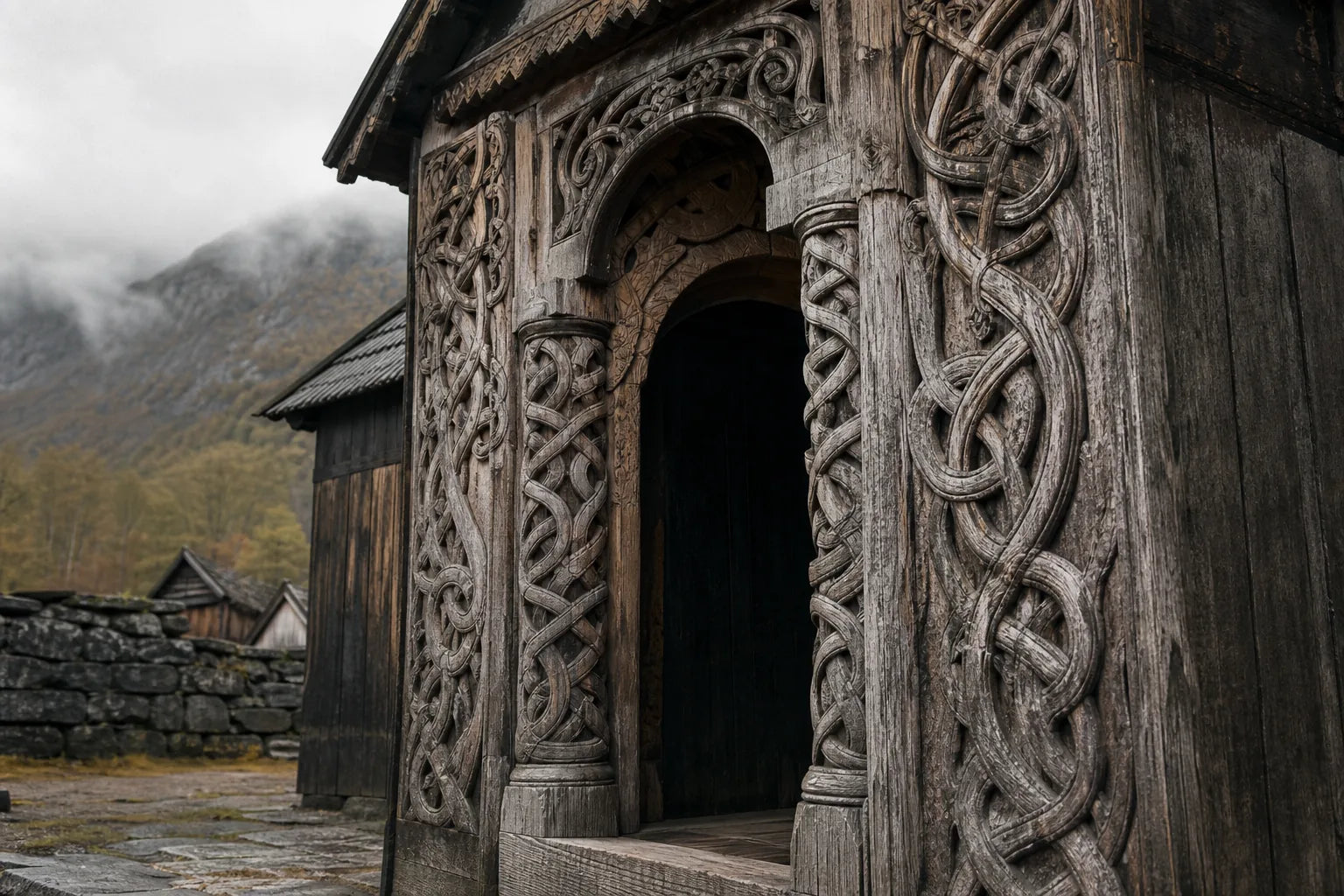 Carved interlace on a stave church portal